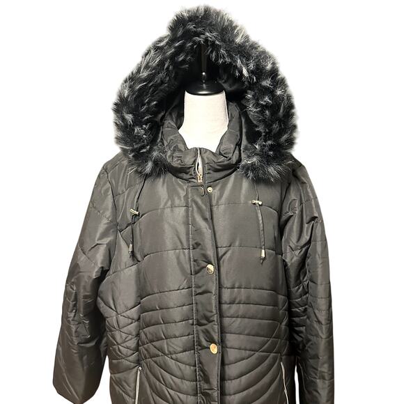Avenue Puffer Jacket Quilted Design Faux Fur Trim Hooded Solid Black W 14/16 NWT - Picture 3 of 11